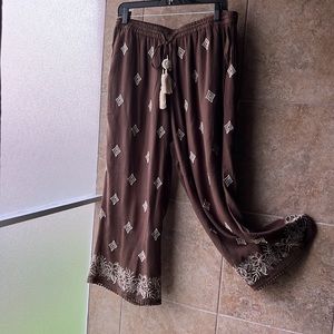 Sundance Le Meridien Pants Wide Leg Embroidered Crop Elastic Waist Pockets M